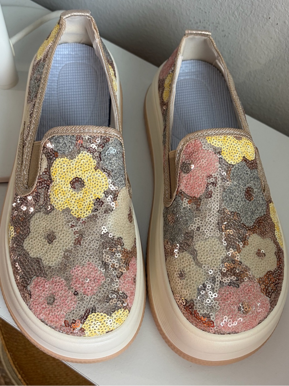 Sequin Floral Slip-On Sneakers in Pink, Yellow & Cream